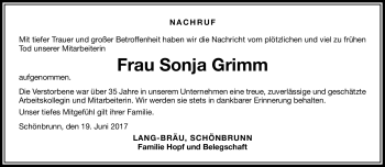 Traueranzeige von Sonja Grimm von Frankenpost