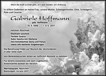 Traueranzeige von Gabriele Hoffmann von Südthüringer Presse