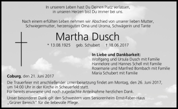 Traueranzeige von Martha Dusch von Neue Presse Coburg
