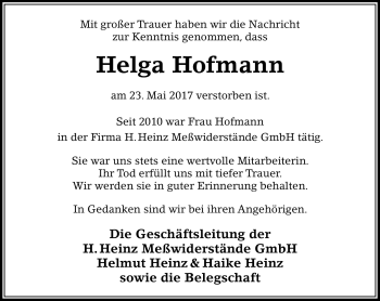 Traueranzeige von Helga Hofmann von Südthüringer Presse