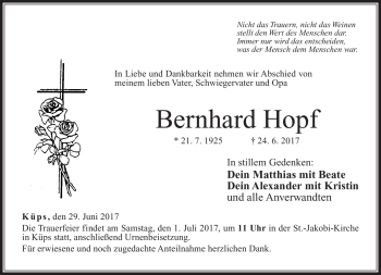 Traueranzeige von Bernhard Hopf von Neue Presse Coburg