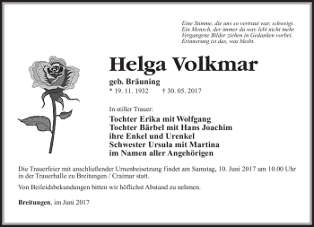 Traueranzeige von Helga Volkmar von Südthüringer Presse