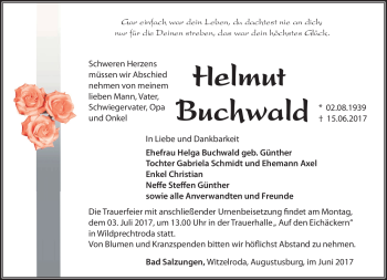 Traueranzeige von Helmut Buchwald von Südthüringer Presse
