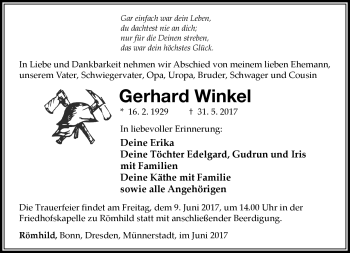 Traueranzeige von Gerhard Winkel von Südthüringer Presse