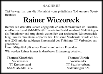 Traueranzeige von Rainer Wiczoreck von Südthüringer Presse