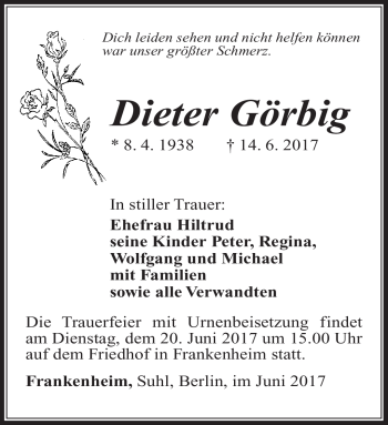 Traueranzeige von Dieter Görbig von Südthüringer Presse