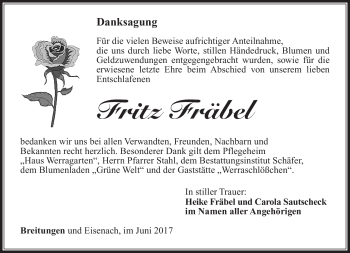 Traueranzeige von Fritz Fräbel von Südthüringer Presse