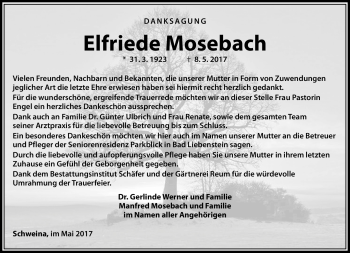 Traueranzeige von Elfriede Mosebach von Südthüringer Presse