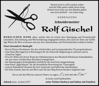 Traueranzeige von Rolf Gischel von Südthüringer Presse
