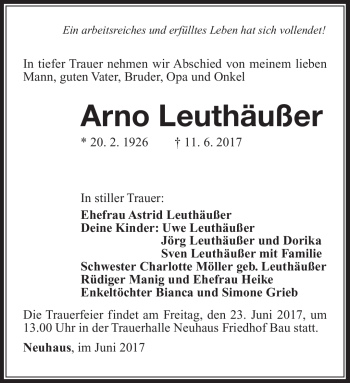 Traueranzeige von Arno Leithäuser von Südthüringer Presse
