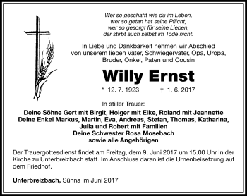Traueranzeige von Willy Ernst von Südthüringer Presse