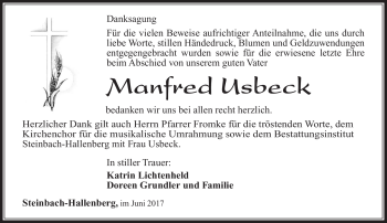 Traueranzeige von Manfred Usbeck von Südthüringer Presse
