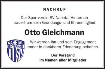 Traueranzeige von Gleichmann Otto von Südthüringer Presse