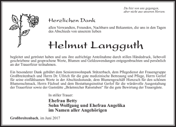 Traueranzeige von Helmut Langguth von Südthüringer Presse