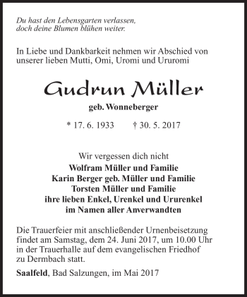 Traueranzeige von Gudrun Müller von Südthüringer Presse
