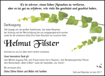 Traueranzeige von Helmut Filster von Südthüringer Presse