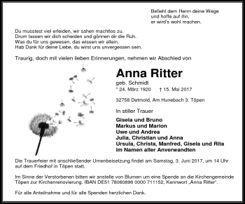 Traueranzeige von Anna Ritter von Frankenpost