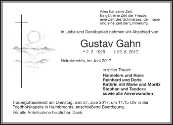 Traueranzeige von Gustav Gahn von Frankenpost