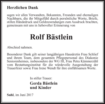 Traueranzeige von Rolf Bästlein von Südthüringer Presse
