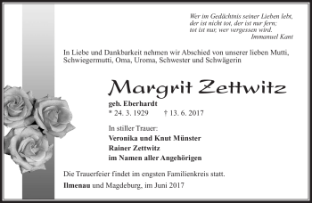 Traueranzeige von Margrit Zettwitz von Südthüringer Presse