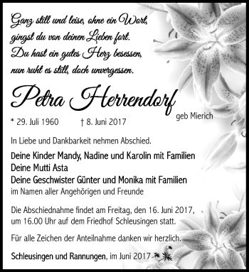 Traueranzeige von Petra Herrendorf von Südthüringer Presse