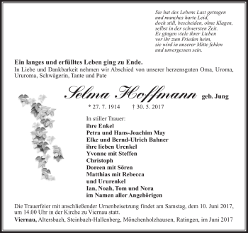 Traueranzeige von Selma Hoffmann von Südthüringer Presse