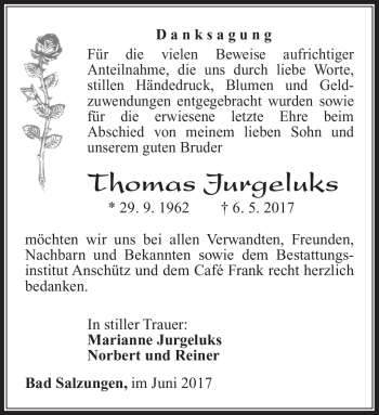 Traueranzeige von Thomas Jurgeluks von Südthüringer Presse