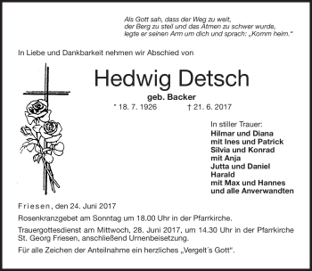 Traueranzeige von Hedwig Detsch von Neue Presse Coburg