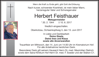 Traueranzeige von Herbert Feisthauer von Frankenpost
