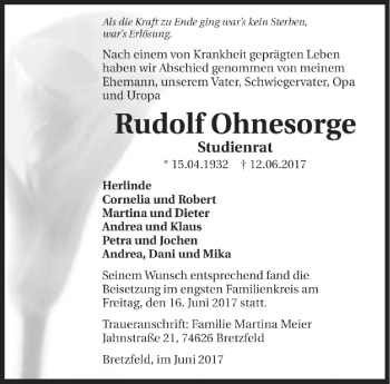 Traueranzeige von Rudolf Ohnesorge von Südthüringer Presse