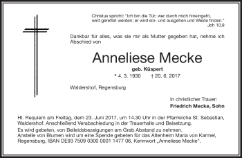 Traueranzeige von Anneliese Mecke von Frankenpost