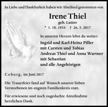 Traueranzeige von Irene Thiel von Neue Presse Coburg