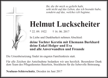 Traueranzeige von Helmut Luckscheiter von Südthüringer Presse
