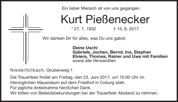 Traueranzeige von Kurt Pießenecker von Neue Presse Coburg