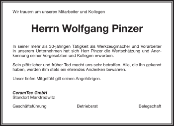 Traueranzeige von Wolfgang Pinzer von Frankenpost