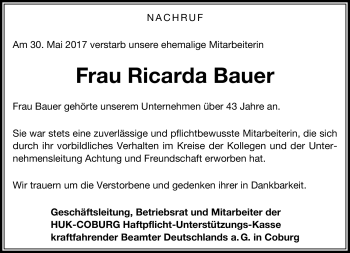 Traueranzeige von Ricarda Bauer von Neue Presse Coburg