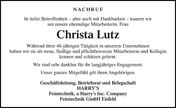 Traueranzeige von Christa Lutz von Südthüringer Presse