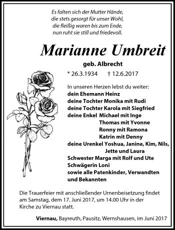 Traueranzeige von Marianne Umbreit von Südthüringer Presse