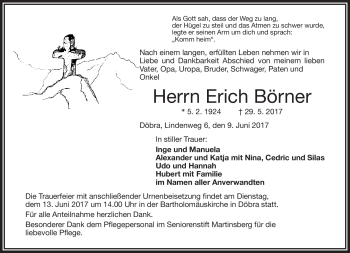 Traueranzeige von Erich Börner von Frankenpost
