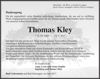 Traueranzeige von Thomas Kley von Südthüringer Presse