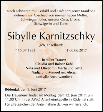 Traueranzeige von Sibylle Karnitzschky von Neue Presse Coburg