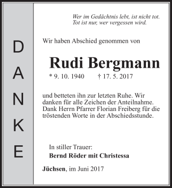 Traueranzeige von Rudi Bergmann von Südthüringer Presse