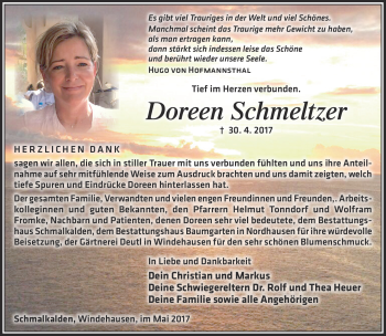 Traueranzeige von Doris Schmeltzer von Südthüringer Presse