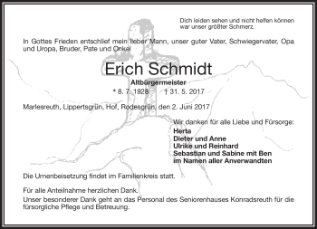 Traueranzeige von Erich Schmidt von Frankenpost