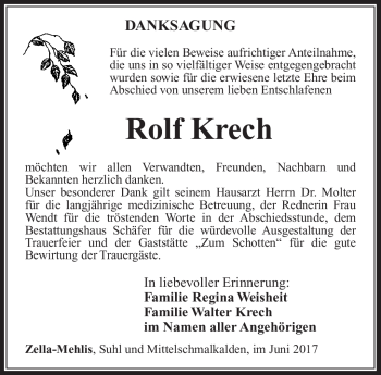 Traueranzeige von Rolf Krech von Südthüringer Presse