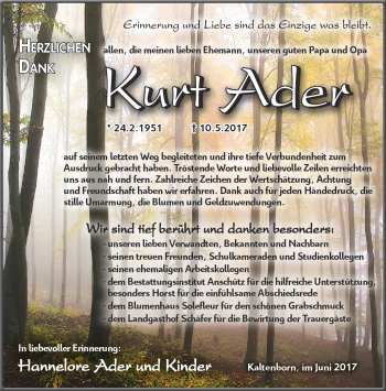 Traueranzeige von Kurt Ader von Südthüringer Presse