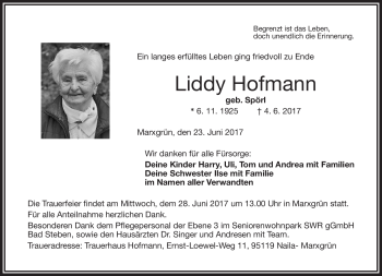 Traueranzeige von Liddy Hofmann von Frankenpost
