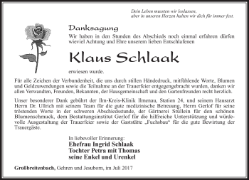 Traueranzeige von Klaus Schlaak von Südthüringer Presse