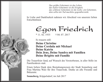 Traueranzeige von Egon Friedrich von Südthüringer Presse