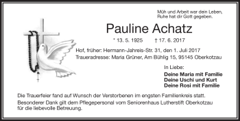 Traueranzeige von Pauline Achatz von Frankenpost